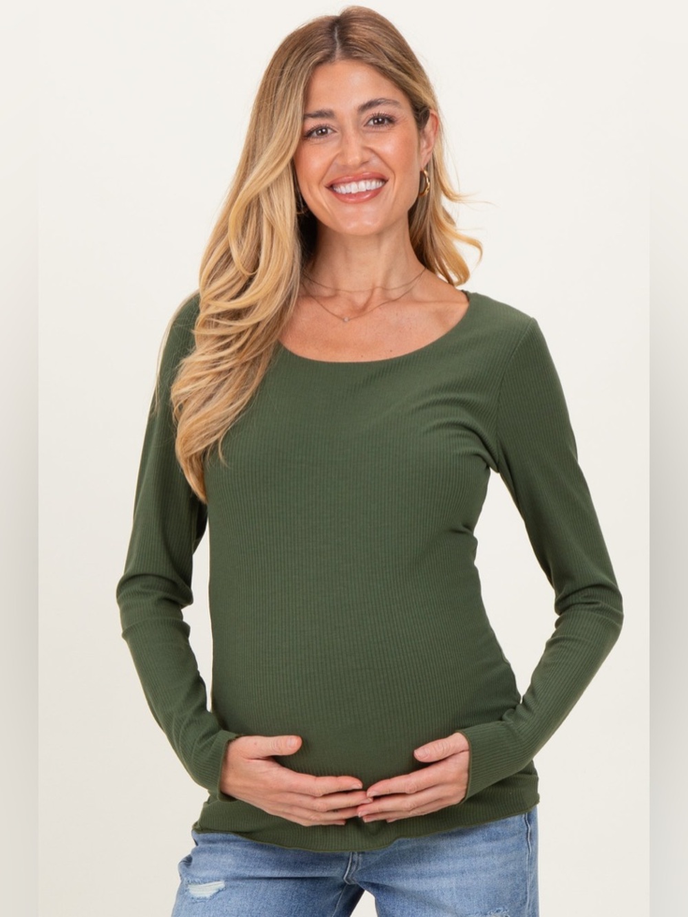 Pinkblush Olive Ribbed Long Sleeve Lettuce Trim Maternity Top